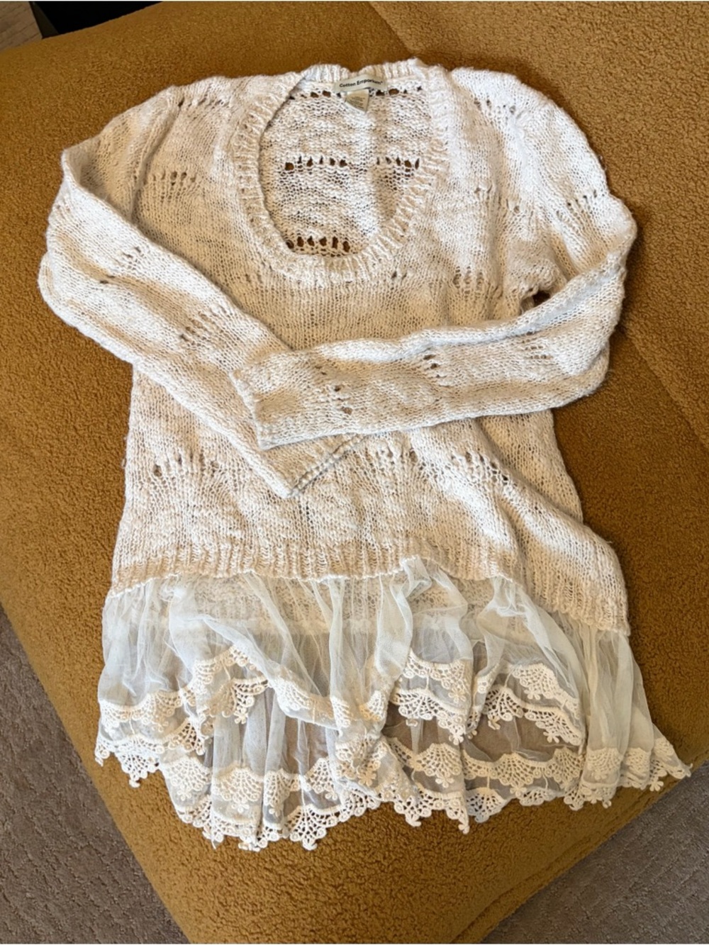 Cotton Emporium - Cream Open-Knit Sweater with lace trim
